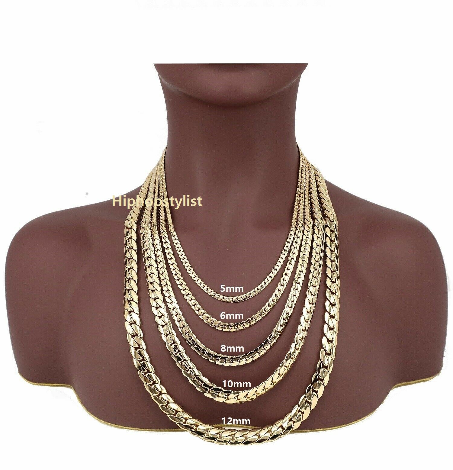Mens 14K Miami Cuban link Chain Necklace Bracelet 5mm to 12mm Yellow Gold Plated