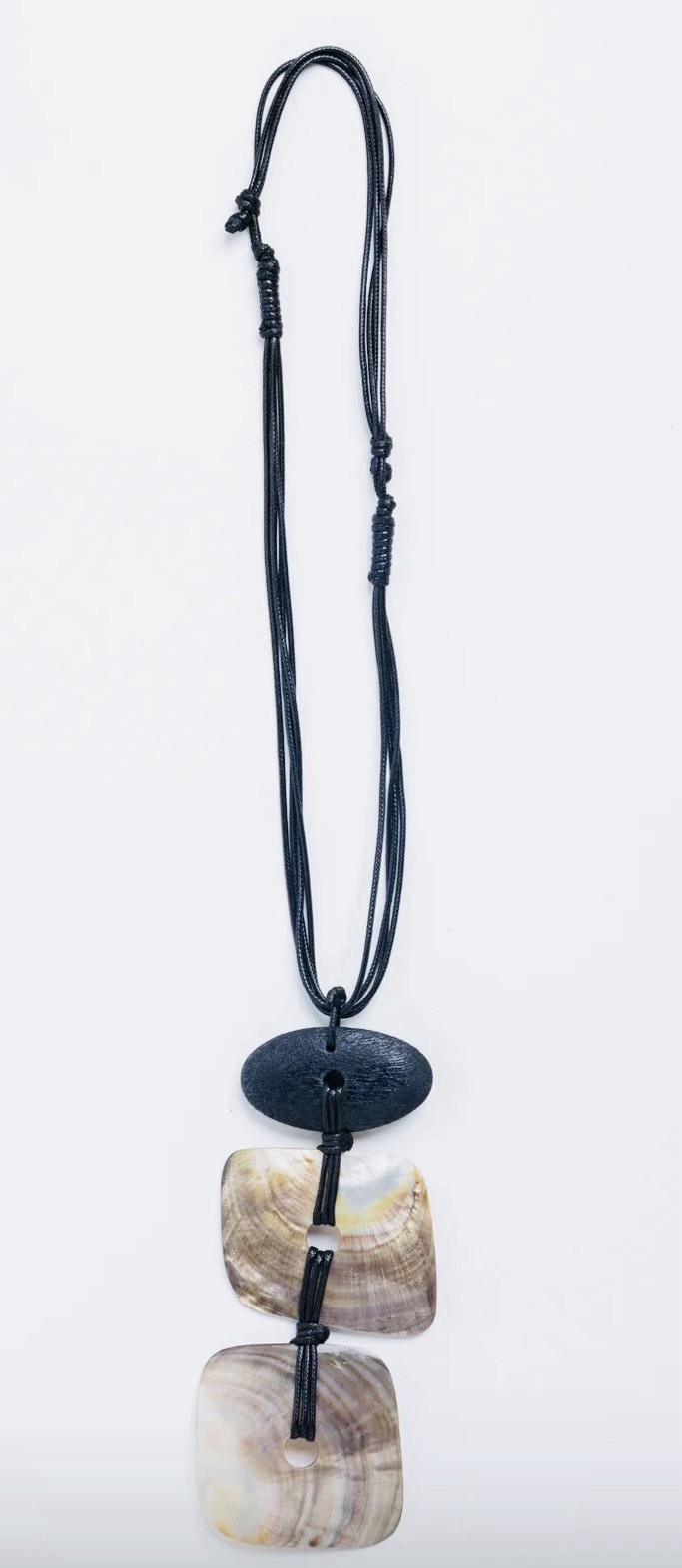 Natural 2-Shell Pendant Necklace with Black Cord & Black Mango Wood