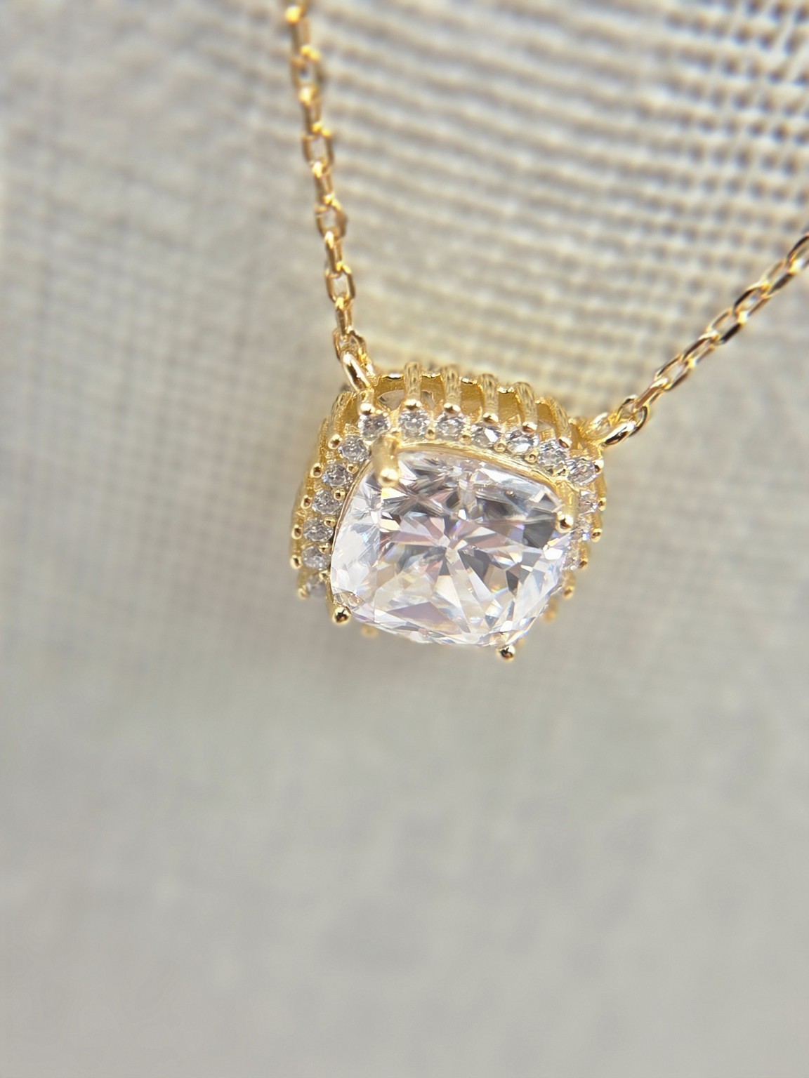 18K Gold Plated Moissanite Halo Necklace Cushion Cut Pendant Silver