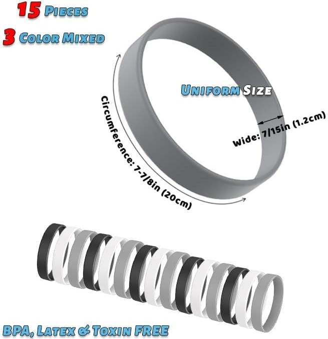15-Piece Silicone Rubber Bracelets in Black, White, and Gray – Perfect for All!