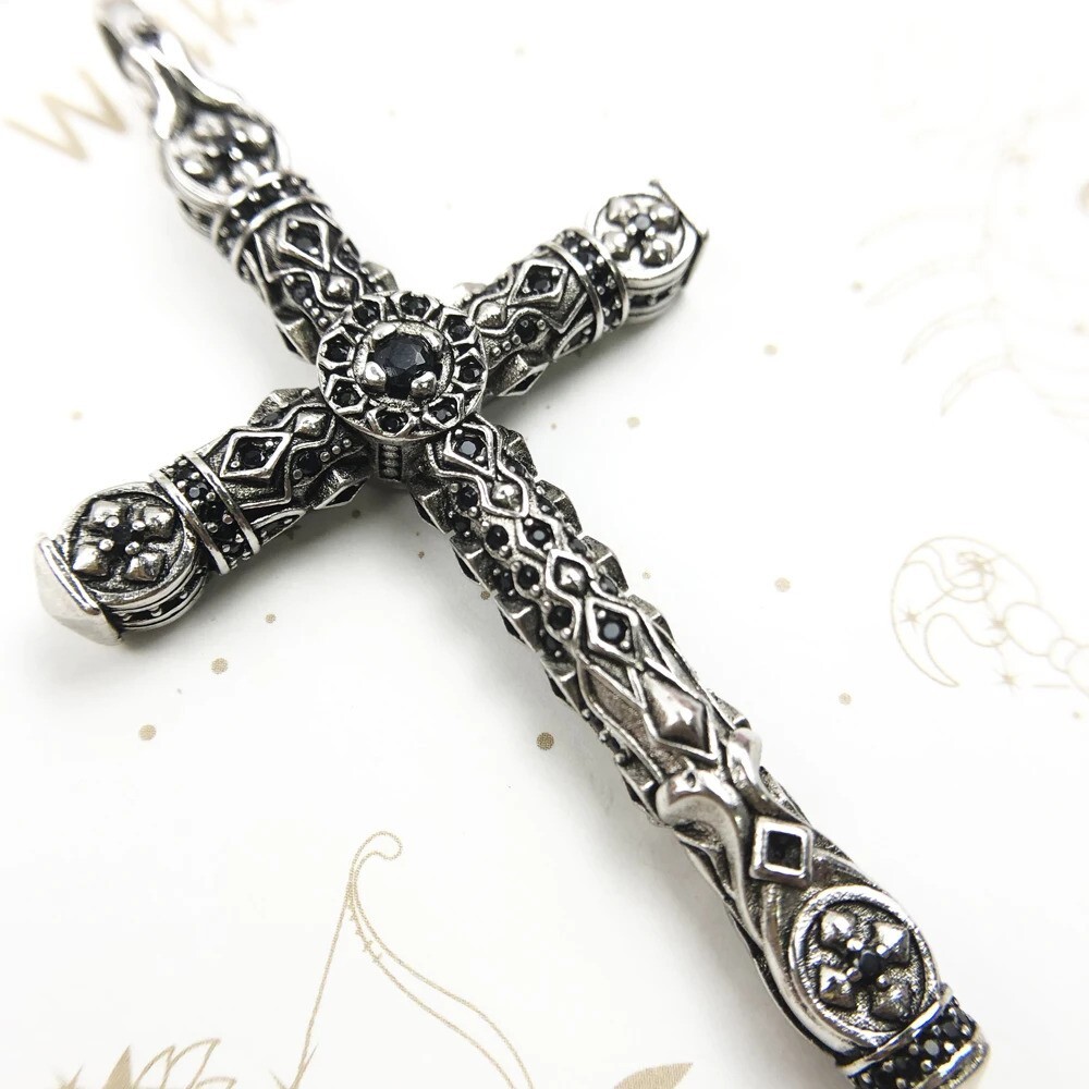 Cross Pendant Antique Vintage Carved 925 Sterling Silver 2.7 Inches Long
