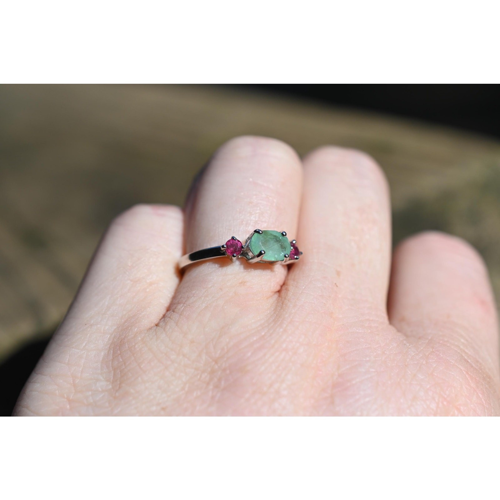 Emerald and ruby engagement ring size 7 in 925 sterling silver