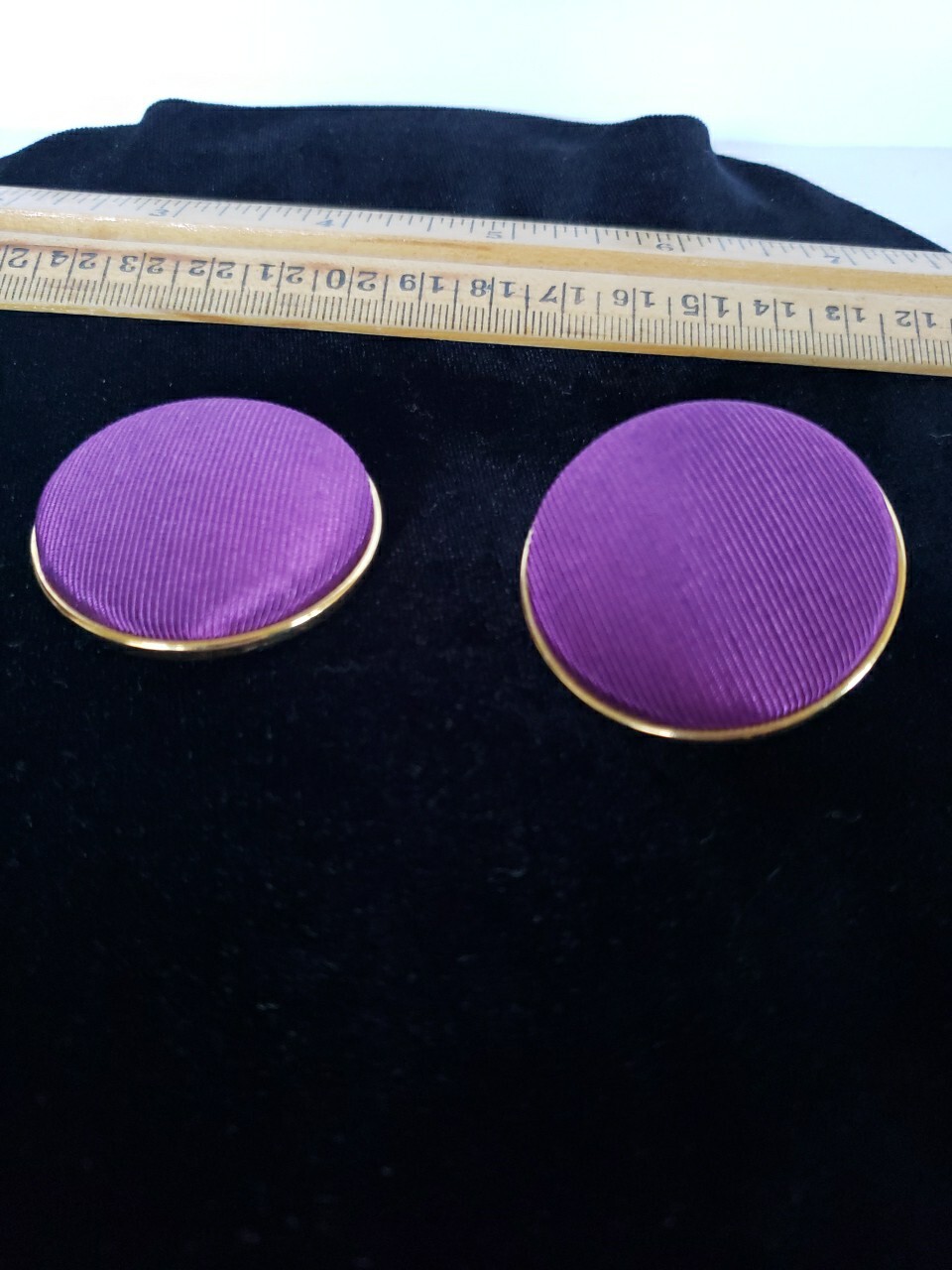 Vintage 80s 90s Earrings Round Statement 1 5/8 In Pierced Purple Fabric