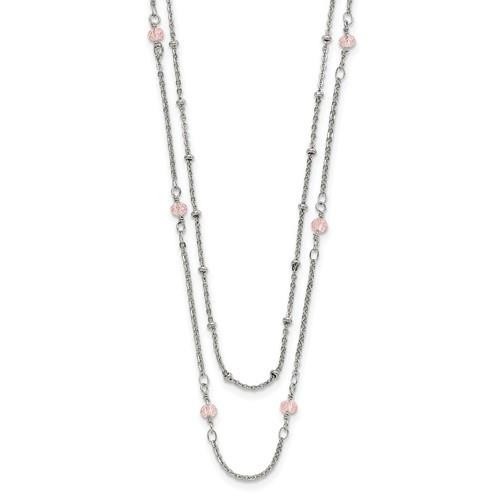 Chisel Polished Stainless Steel 2-Strand Beaded Necklace With Pink Crystals 16+1