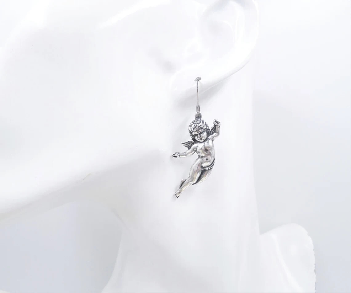 Sterling Silver Plated Cherub Cupid Dangle Earrings, Guardian Angel Jewelry