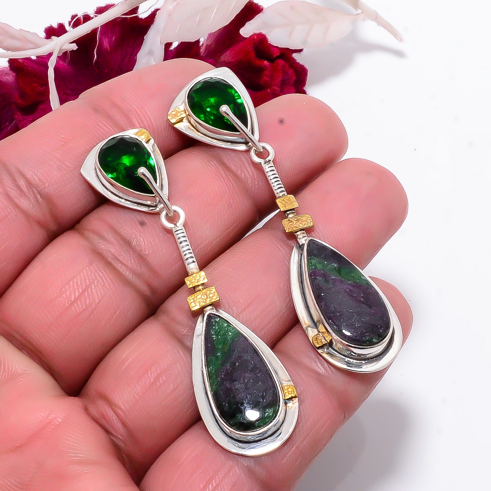 Ruby With Zoisite – Tanzania & Chrome Diopside 925 Silver Earring 2.34″ E83927
