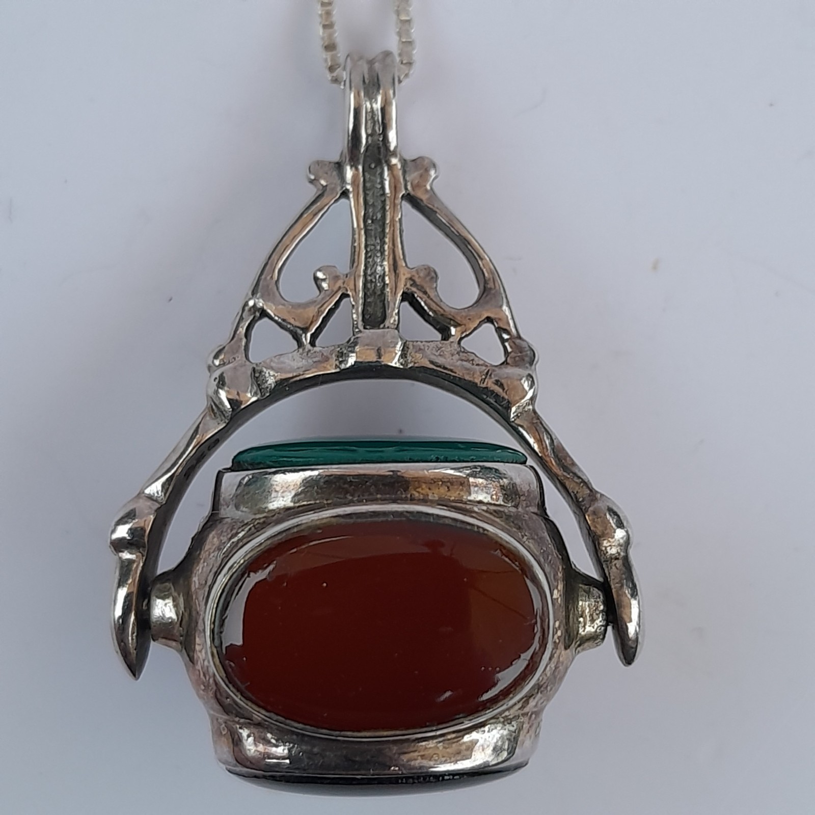 Vtg Sterling Silver Four-Sided Spinner Fob Pendant Necklace Red Black Stone 925