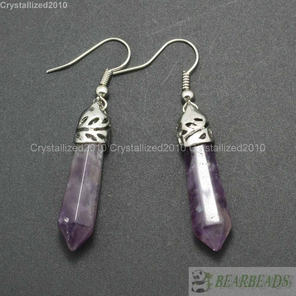 Natural Gemstone Hexagonal Pointed Reiki Chakra Healing Beads Silver Earrings