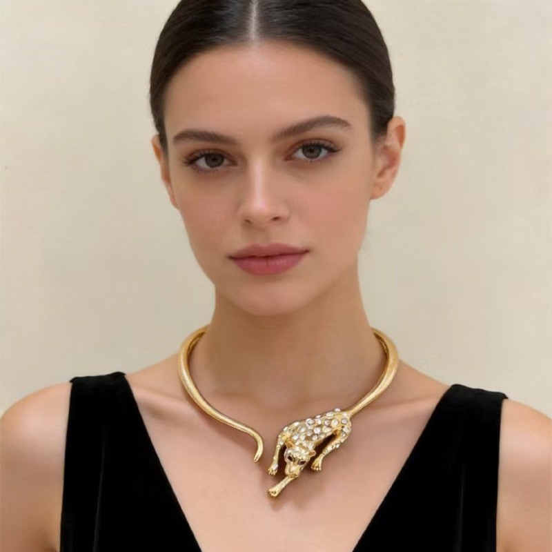 Leopard Statement Choker Necklace Gold Tone Crystal Animal Collar Necklace Women
