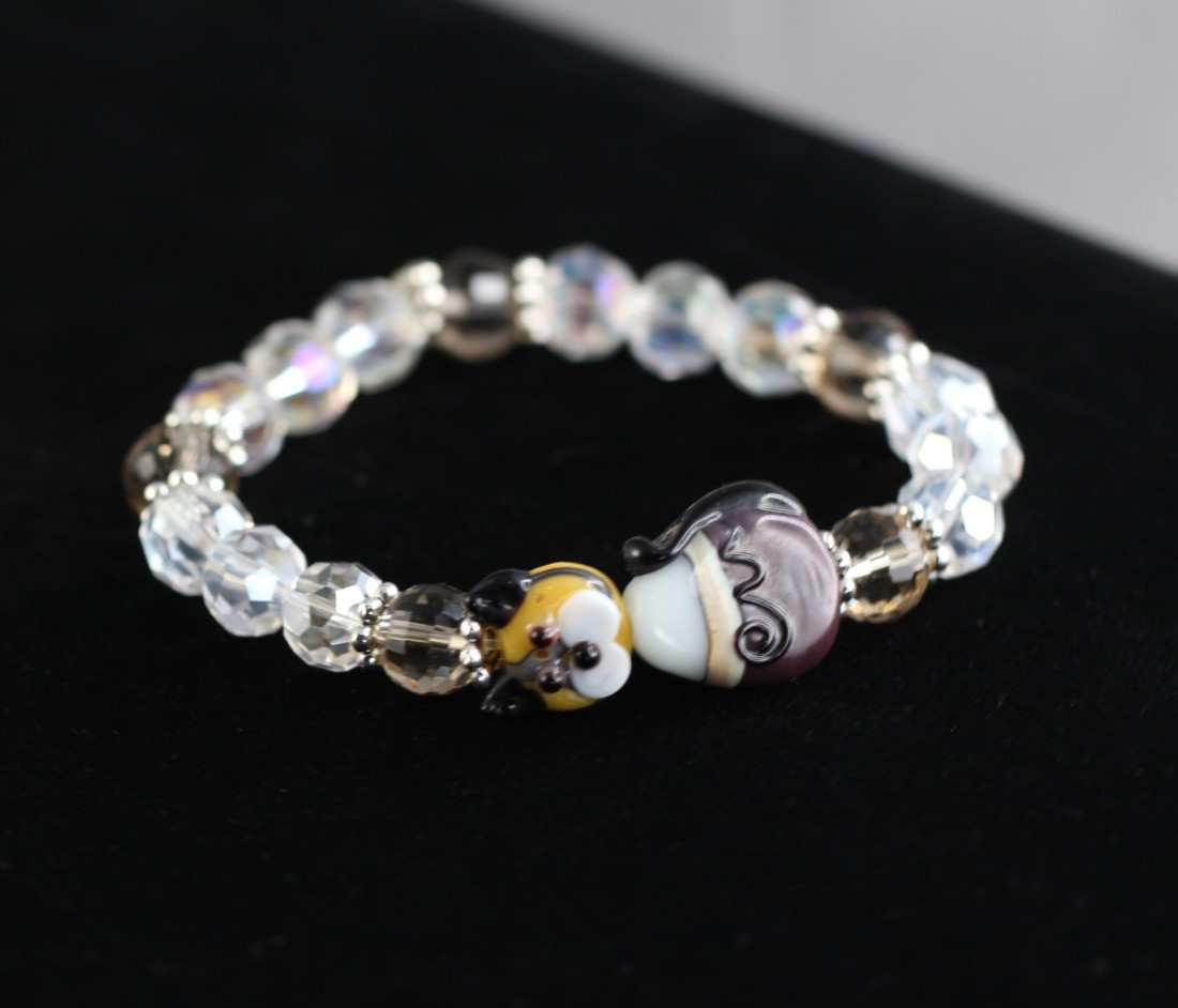 Brown Cat Lampwork Bead Bracelet 7″ Elastic Glass Beads faceted Crystals Kitten