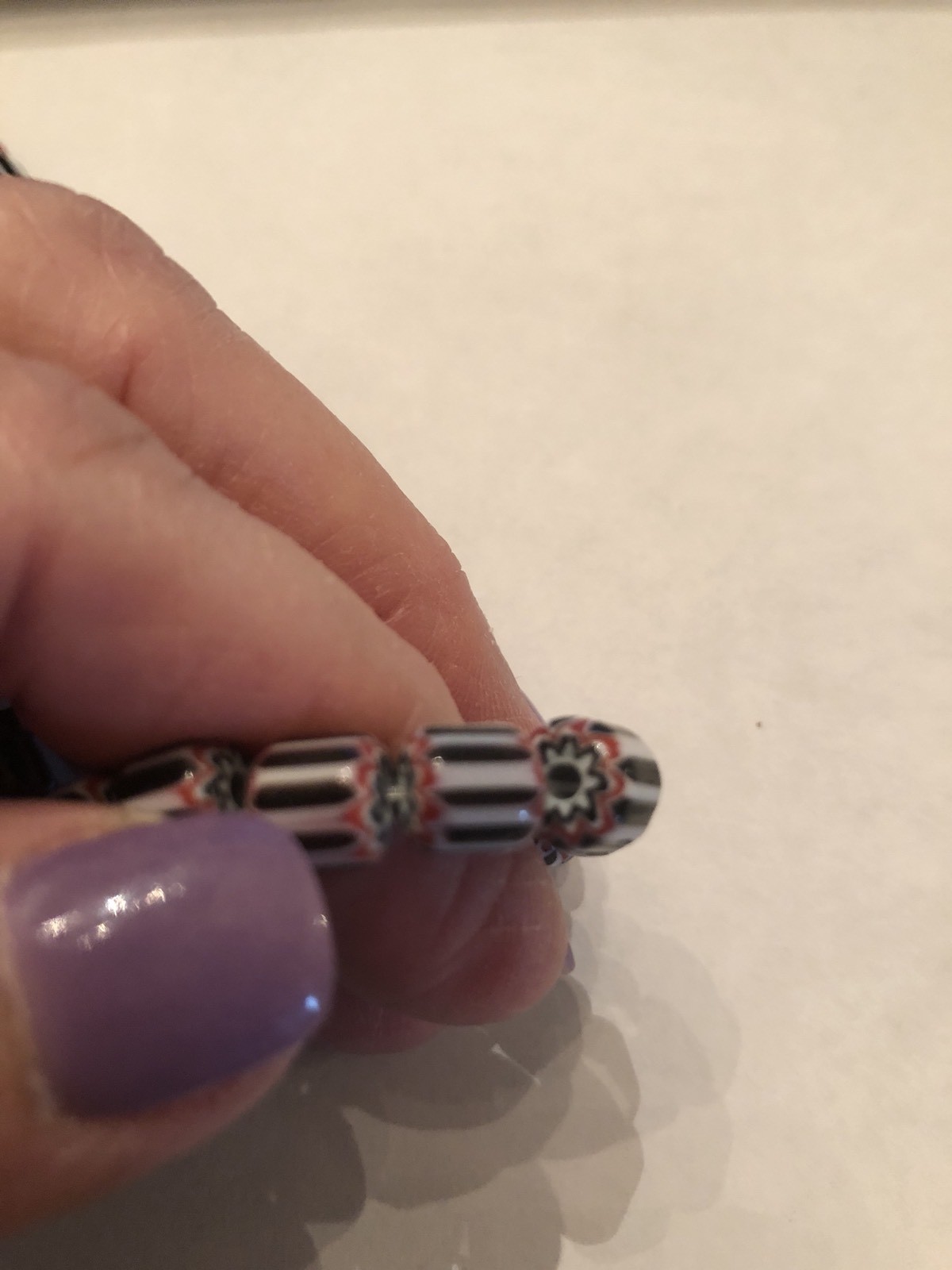 Vintage Red, White & Black Six Layer Glass Chevron Barrel Bead Strand