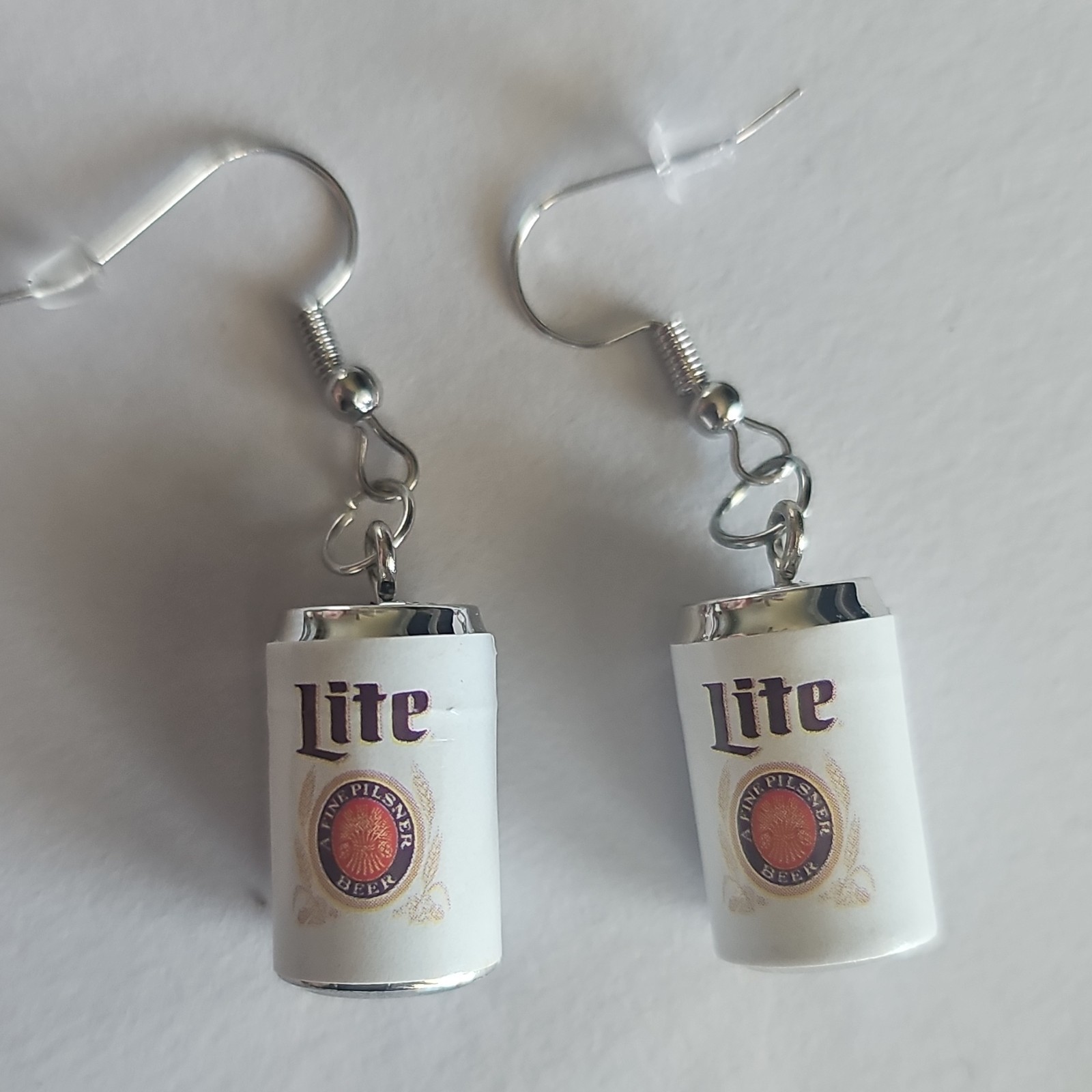 Lite Beer Can Dangle/Drop Earrings White Metal Hook Lobe No Stone
