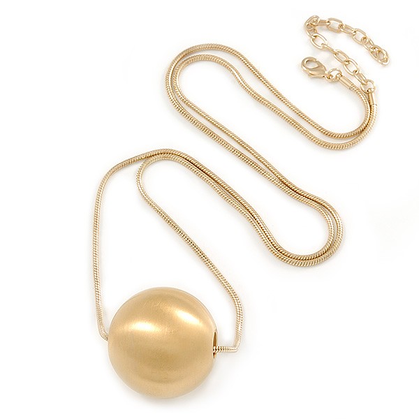 Brushed Gold Tone Metal Ball Pendant with Snake Type Long Chain – 90cm L/ 9cm