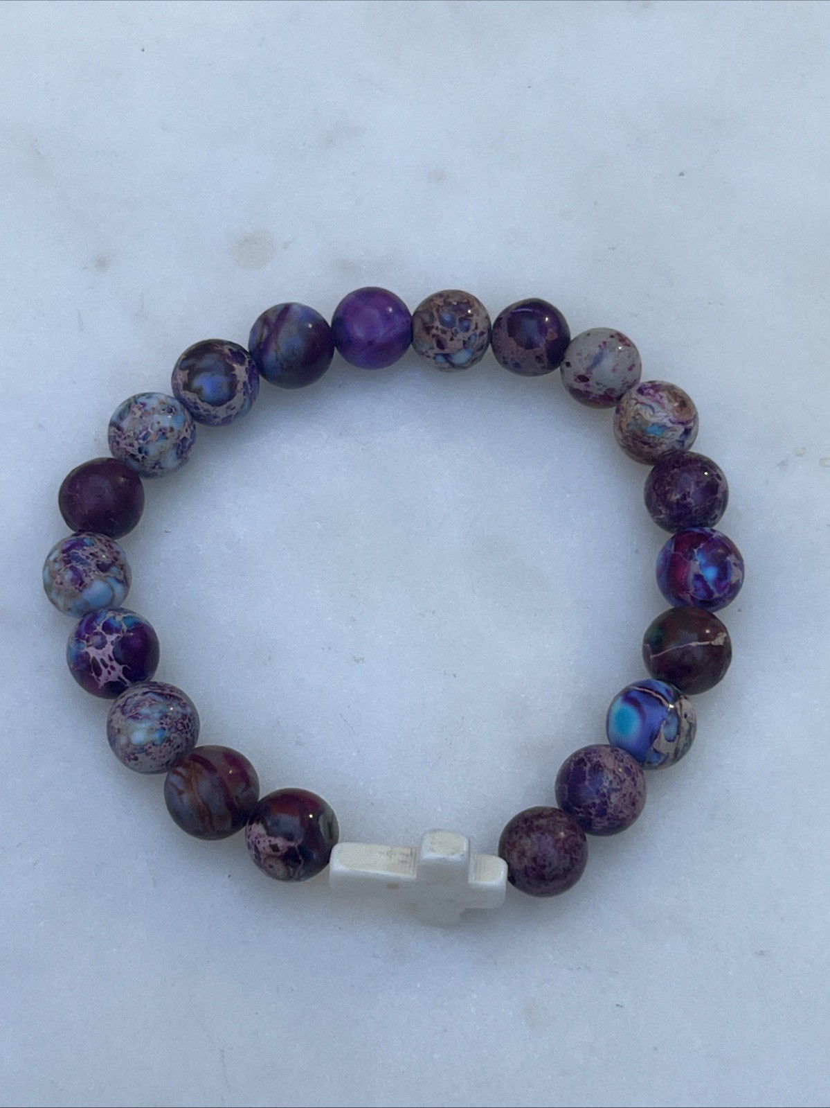 Pull On Stone Beaded Stretch Bracelet with Cross