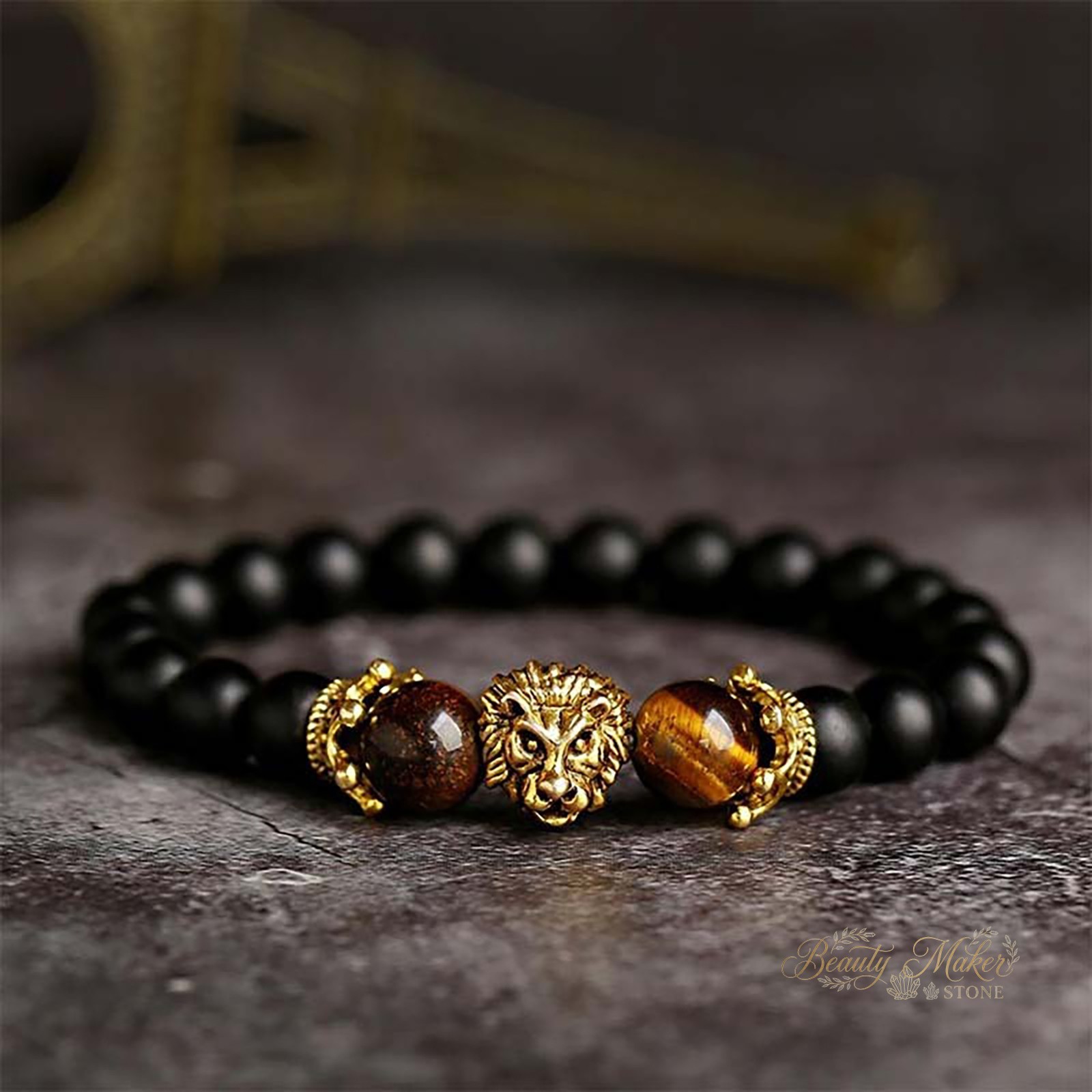 Lion Charm Bracelet Tiger Eye Bead Wristband Wisdom Strength Jewelry Gift Him