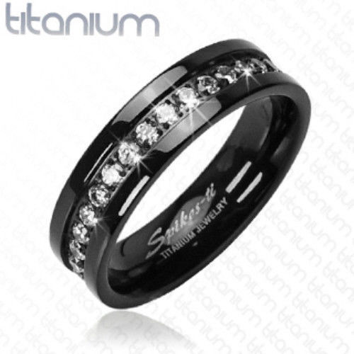 Solid Titanium Black Wedding Ring CZ Gems Size 6,7,8,9,10,11,12,13,14 (FL28)