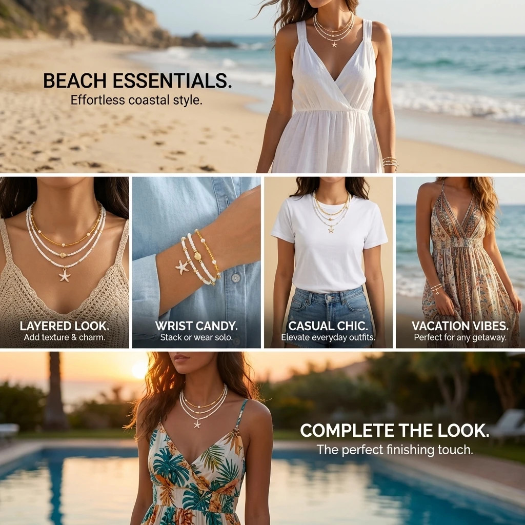 Boho Multilayer Starfish Shell Rice Beads Jewelry Set for Women Vintage Imitatio