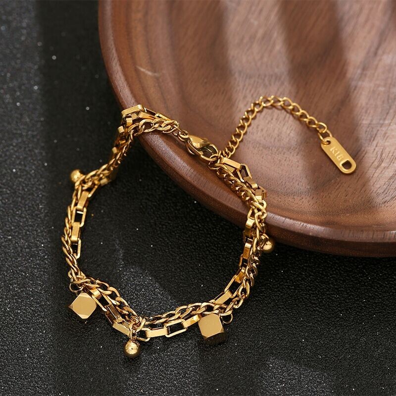 Woman 18K Gold Plated Stainless Steel Cubes Box Curb Chain Bracelet Bangle 7.9”