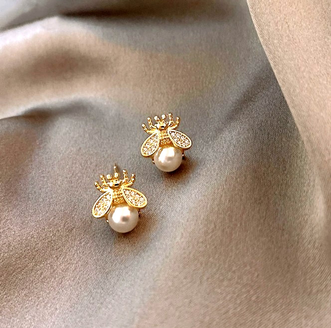 Gold Honey Bee Fly Insect Pearl Pave Cubic Zirconia Stud Earrings