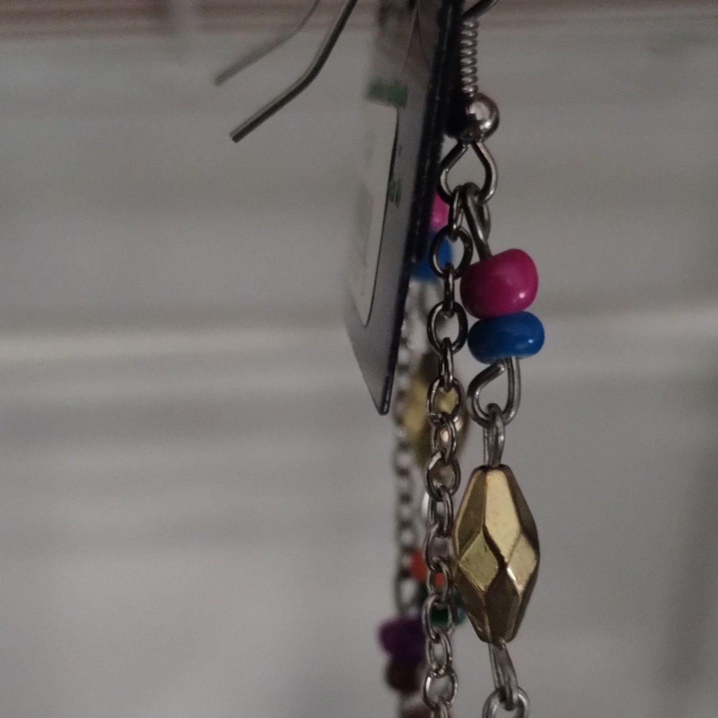 12 Inch Long Dangle/Drop Feather Earrings, Multicolor Beaded Silver-Tone Chain