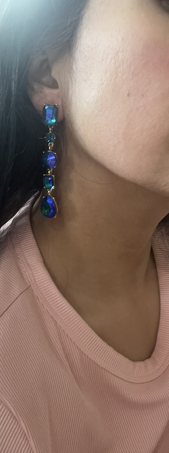 Blue Ab Earrings Green Blue Long Royal Drop Dangle Rhinestone Crystal Pageant