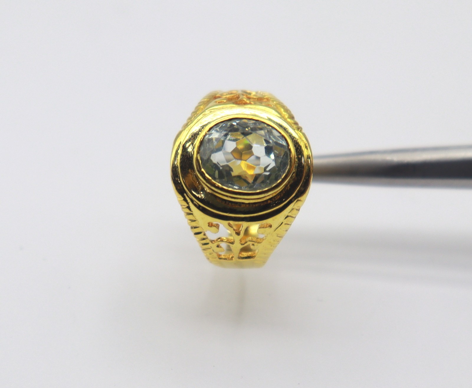 Natural Sea Blue Aquamarine Gemstone Sterling Silver Gold Plated Ring SZ 8.5 US