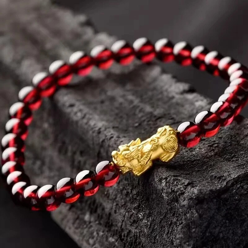 Natural Garnet Stretch Bracelet 14K Gold Pixiu Wealth Luck Healing Bracelet Gift