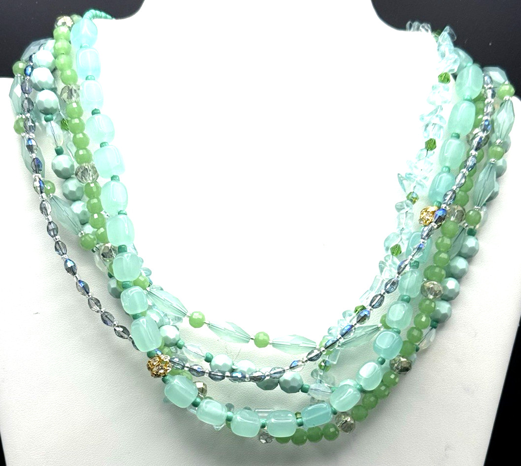 Talbots Multistrand Layered Acrylic Glass Resin Teal Beaded Gold Tone Necklace