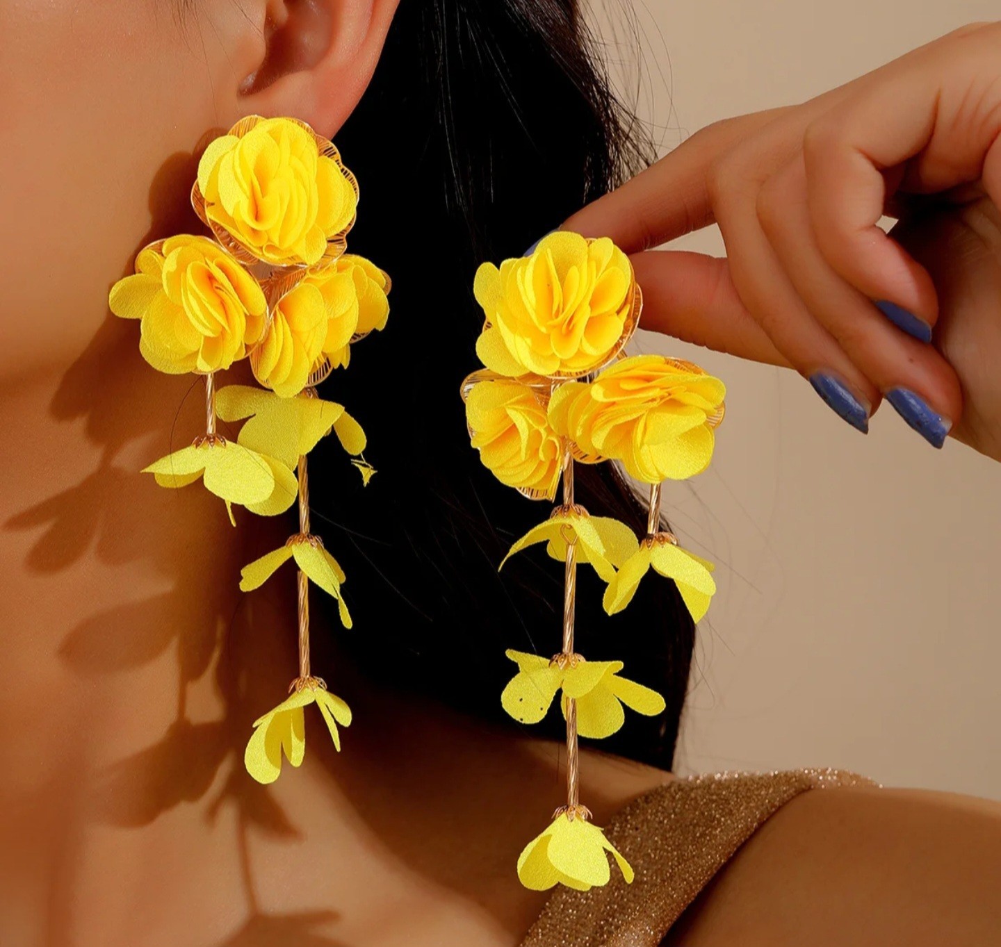 Yellow Floral Flower Fabric Dangle Drop Earrings Stud Closure Lobe