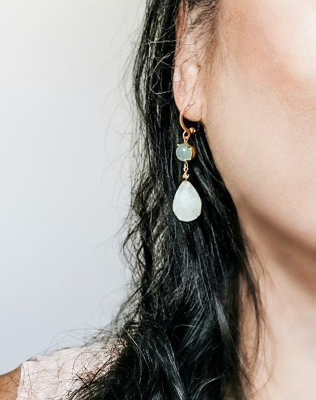 Natural Green Jade In Large Drop Gold Plated Earrings