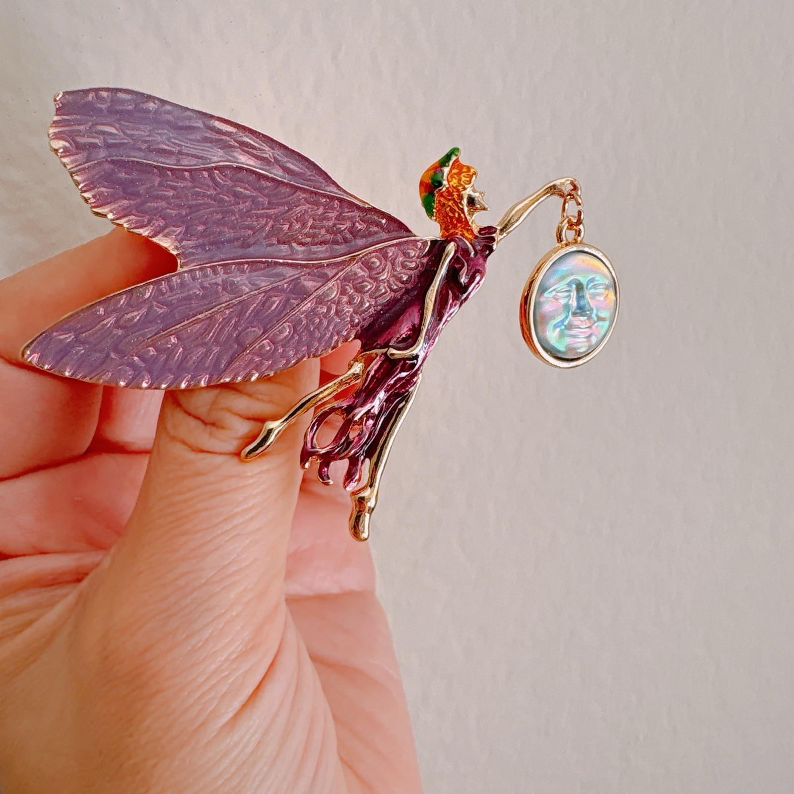 Vintage-Inspired Enamel Fairy Brooch Pendant Pink Wings Moon Star Gold Tone Pin