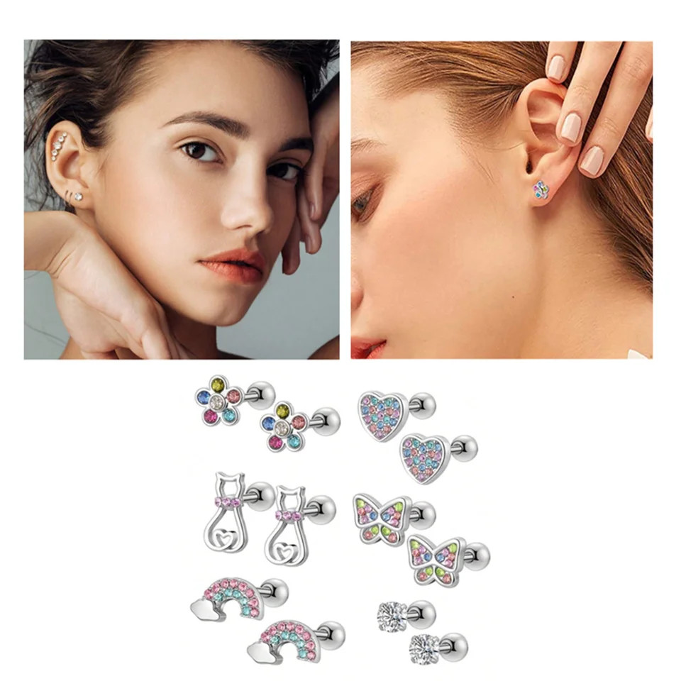 12 Pc Stainless Steel Cubic Zirconia Stud Earrings Butterfly Flower Jewelry