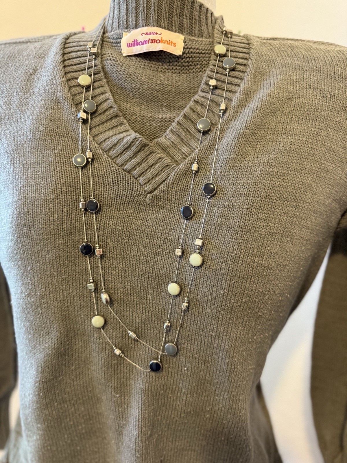 34 in Silver Tone Layered Multi-Strand Beaded Cable Chain Necklace, Lobster
