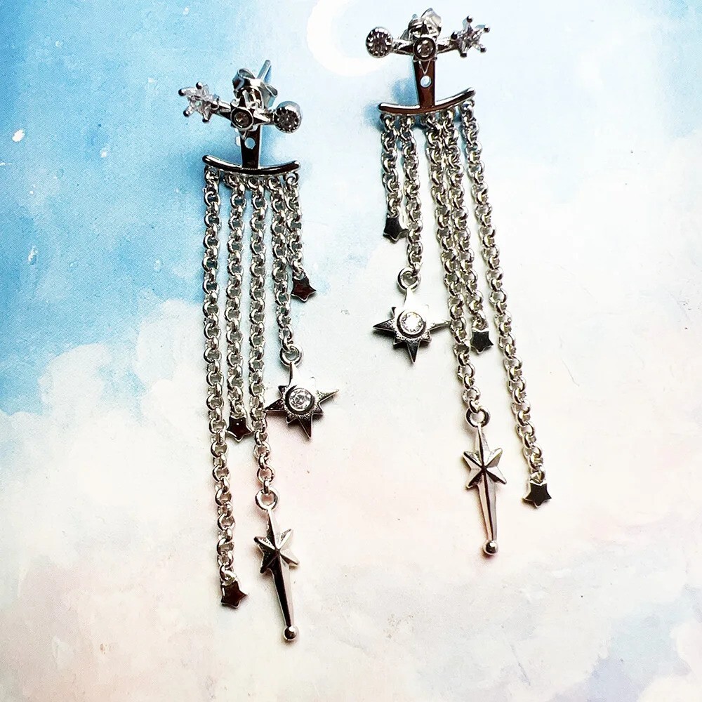 Star Tassle 925 Sterling Silver Dangle Drop Jacket Stud Earrings WG