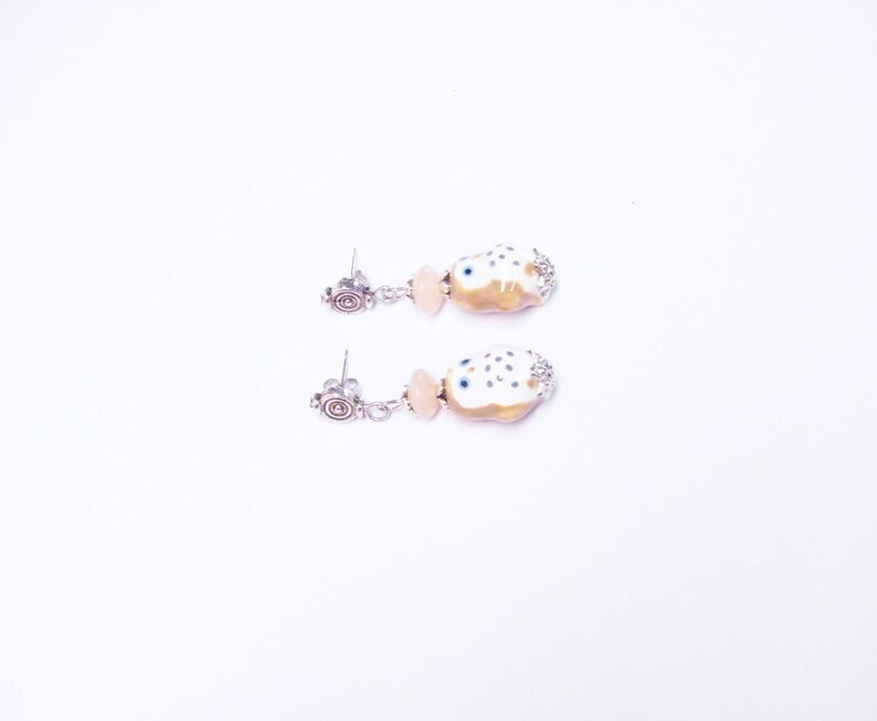 Brown/Cream Ceramic Owl Dangle Earrings