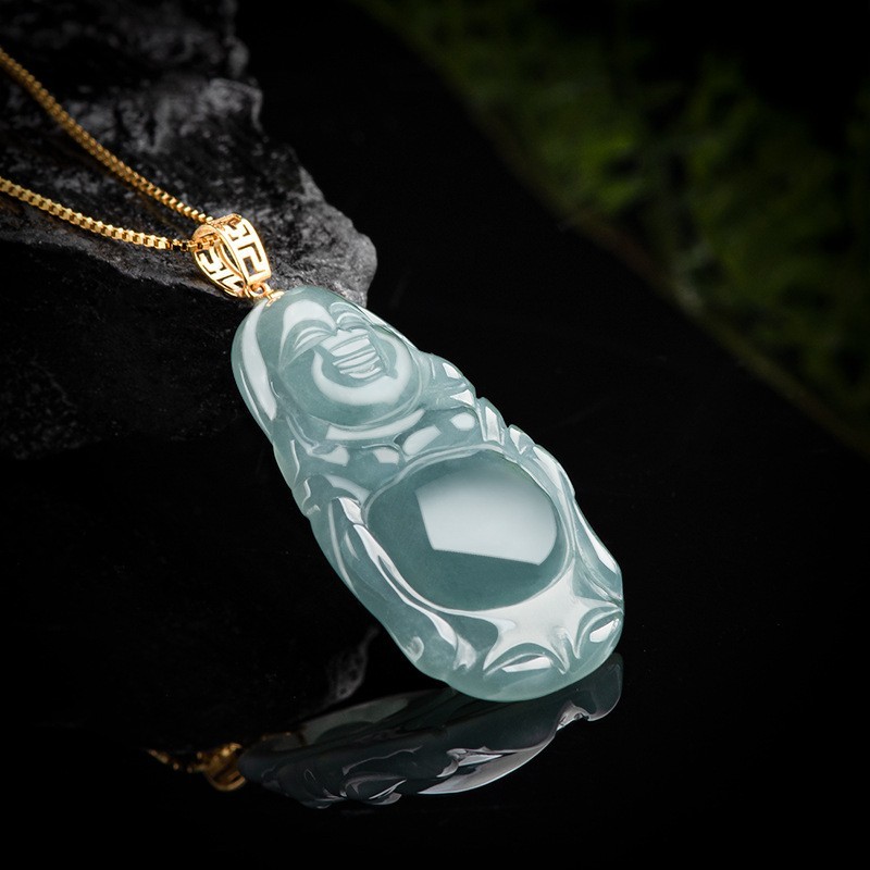 China Natural Jade Jadeite Carving Maitreya Buddha Blessing Pendant Necklace