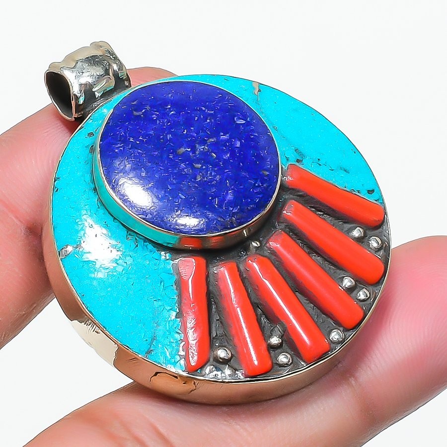 Lapis Lazuli Turquoise Coral Pendant Bahamas Tibetan Nepali Jewelry 1.7″ NP 2426