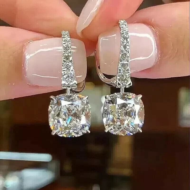 2Ct Cushion Cut Simulated Diamond Drop Dangle Earrings 14k White Gold Plated