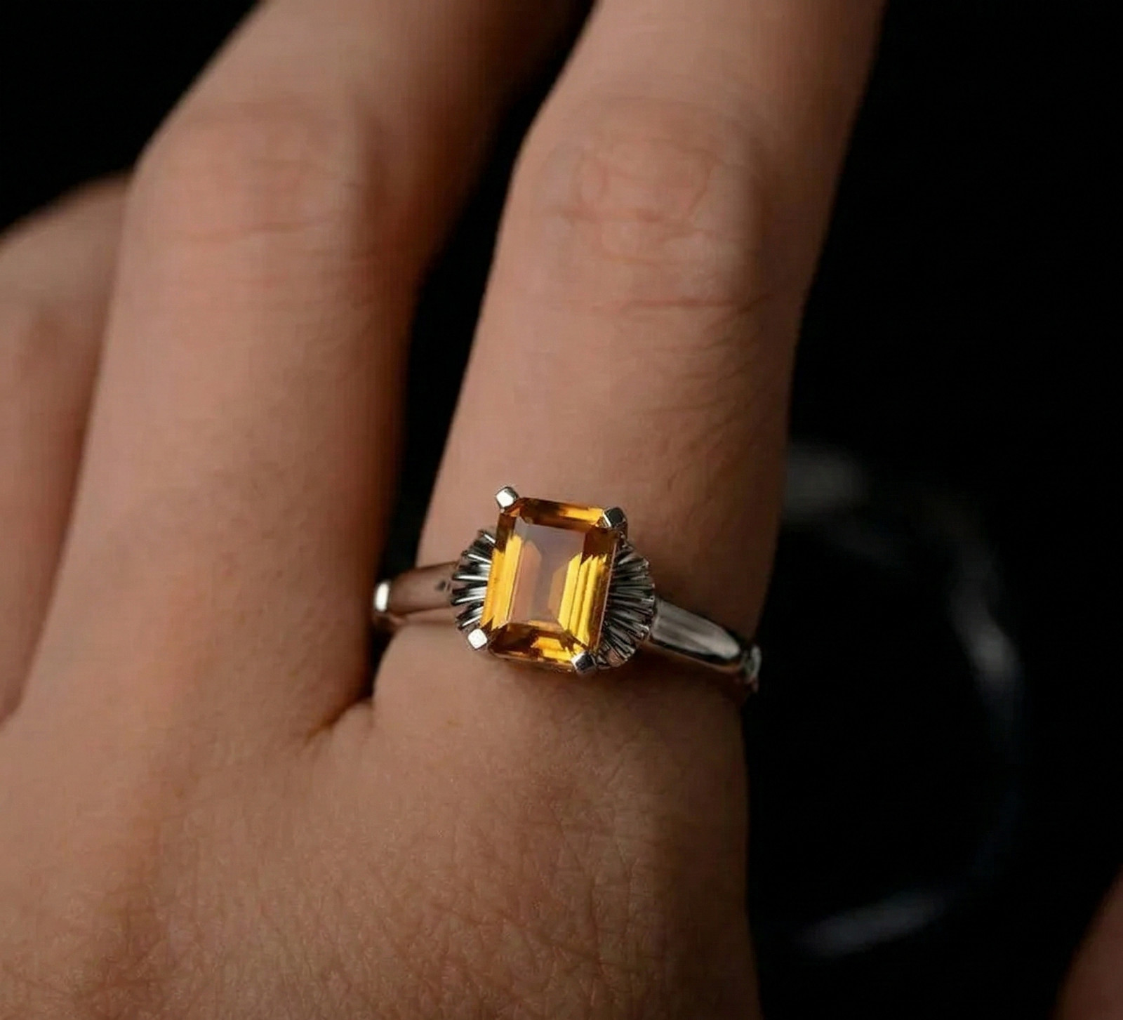 Art Deco Emerald Citrine Ring, Sterling Silver Fan Statement, November Ring