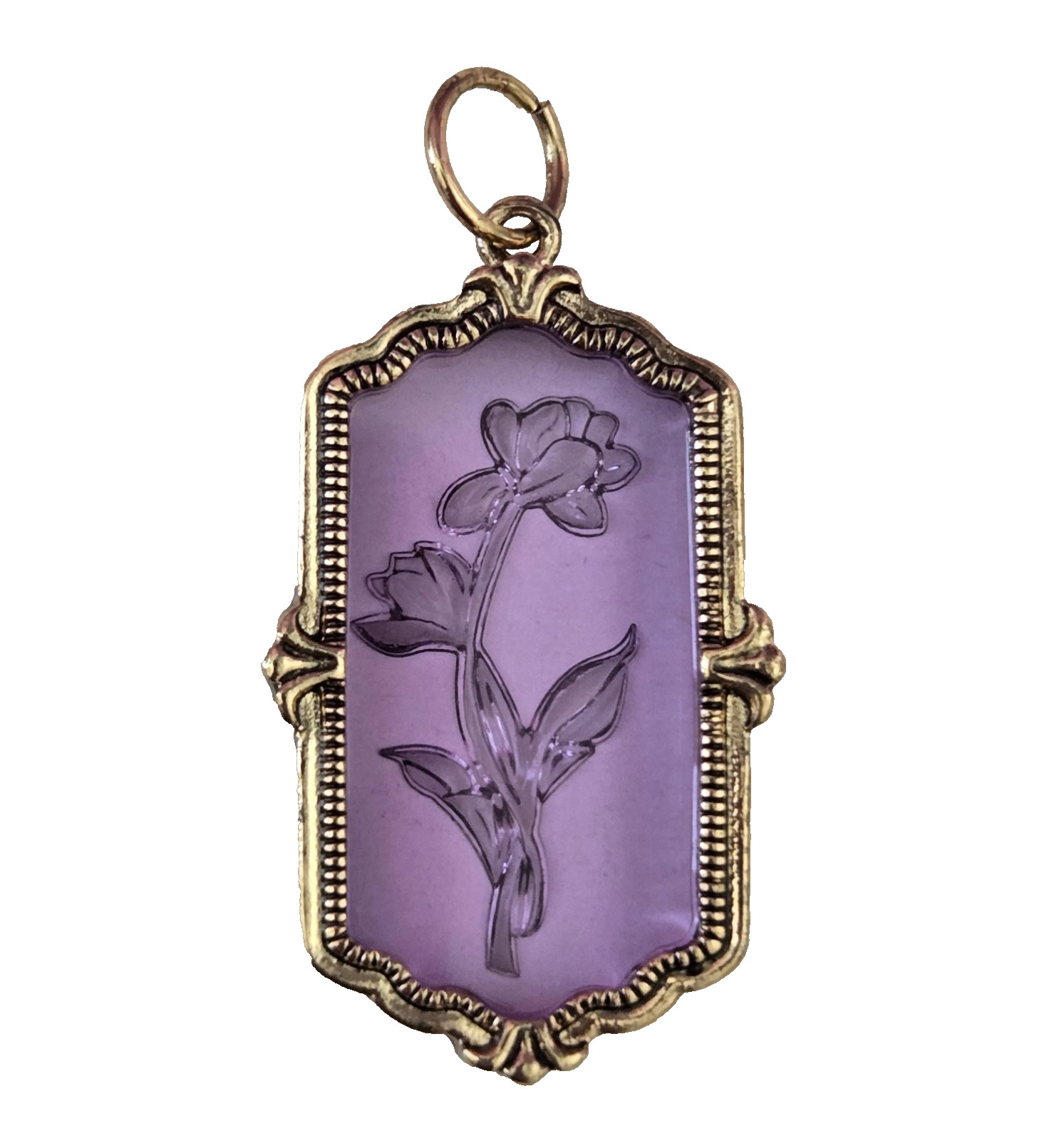Purple Flower Etched Pendant Lavender Floral Gold Frame Victorian Design Gift