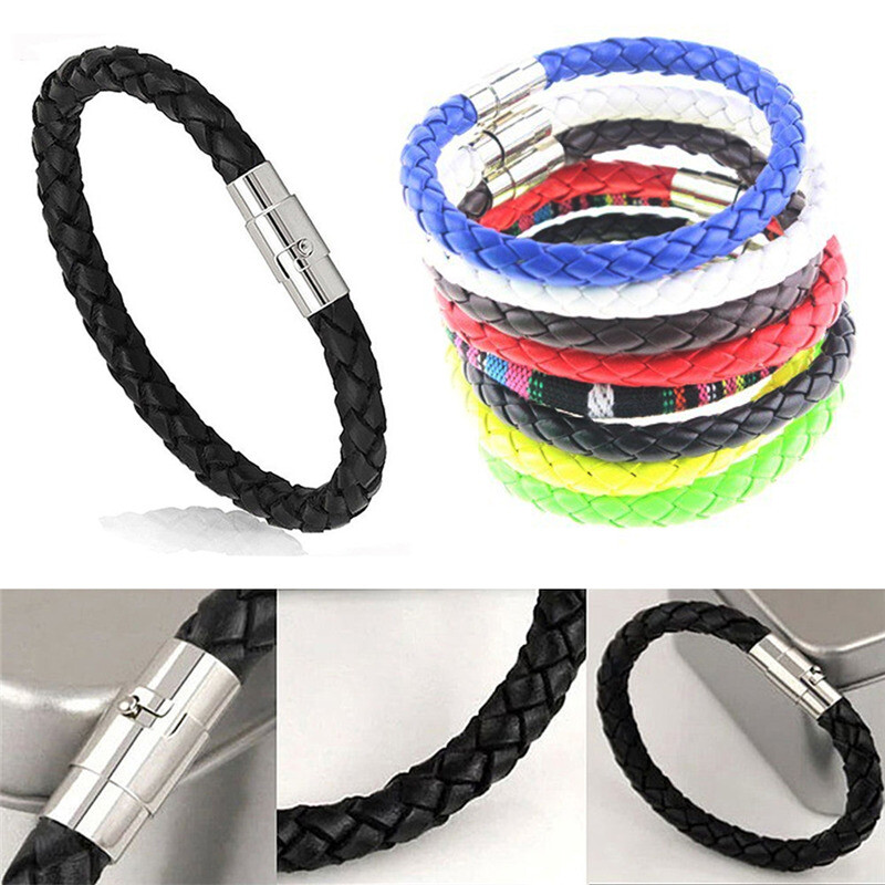 Unisex Men Women Leather Bracelet Steel Magnetic Clasp Braided Wristband Rope