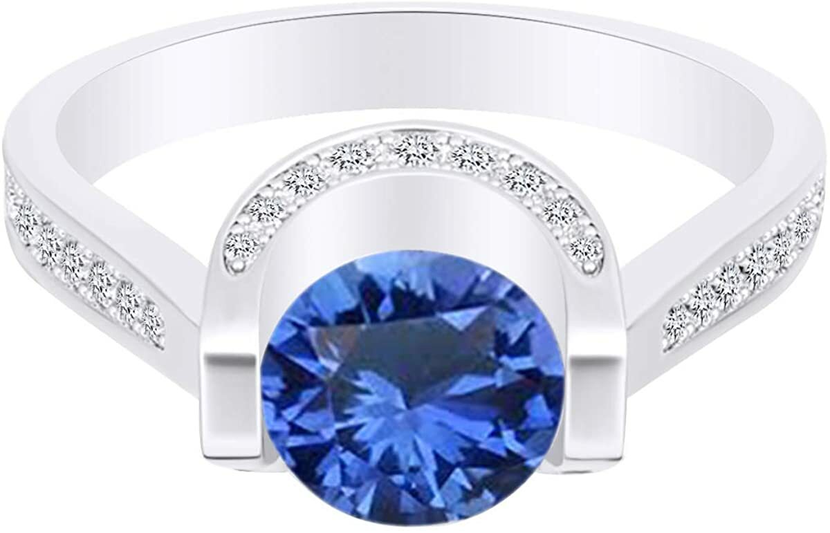 1 Ct Round Cut Simulated Blue Sapphire Engagement Ring In 14k White Gold Plated