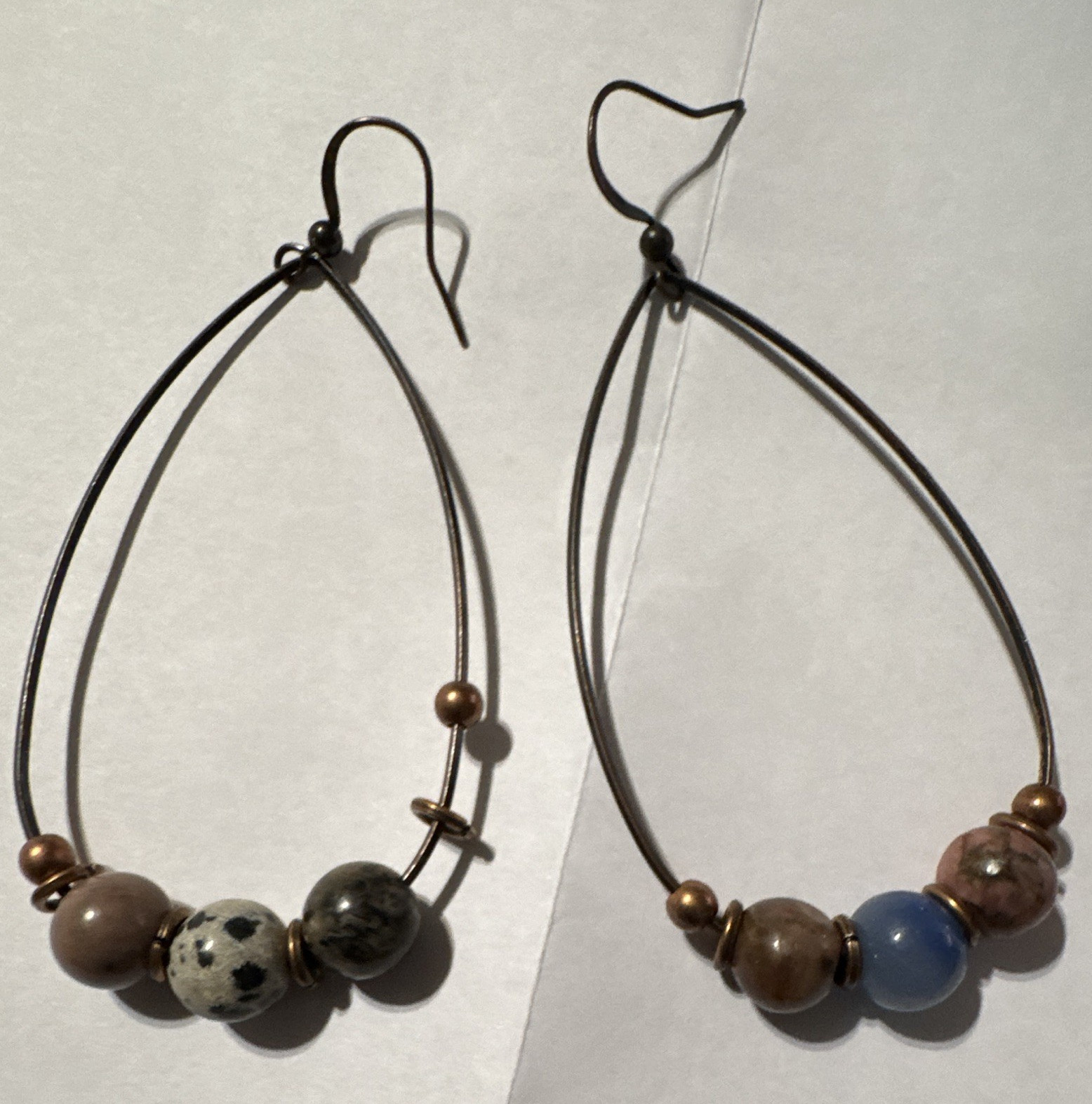 Beaded Teardrop Dangle Drop Earrings Brown Blue Round Stone Metal Hook