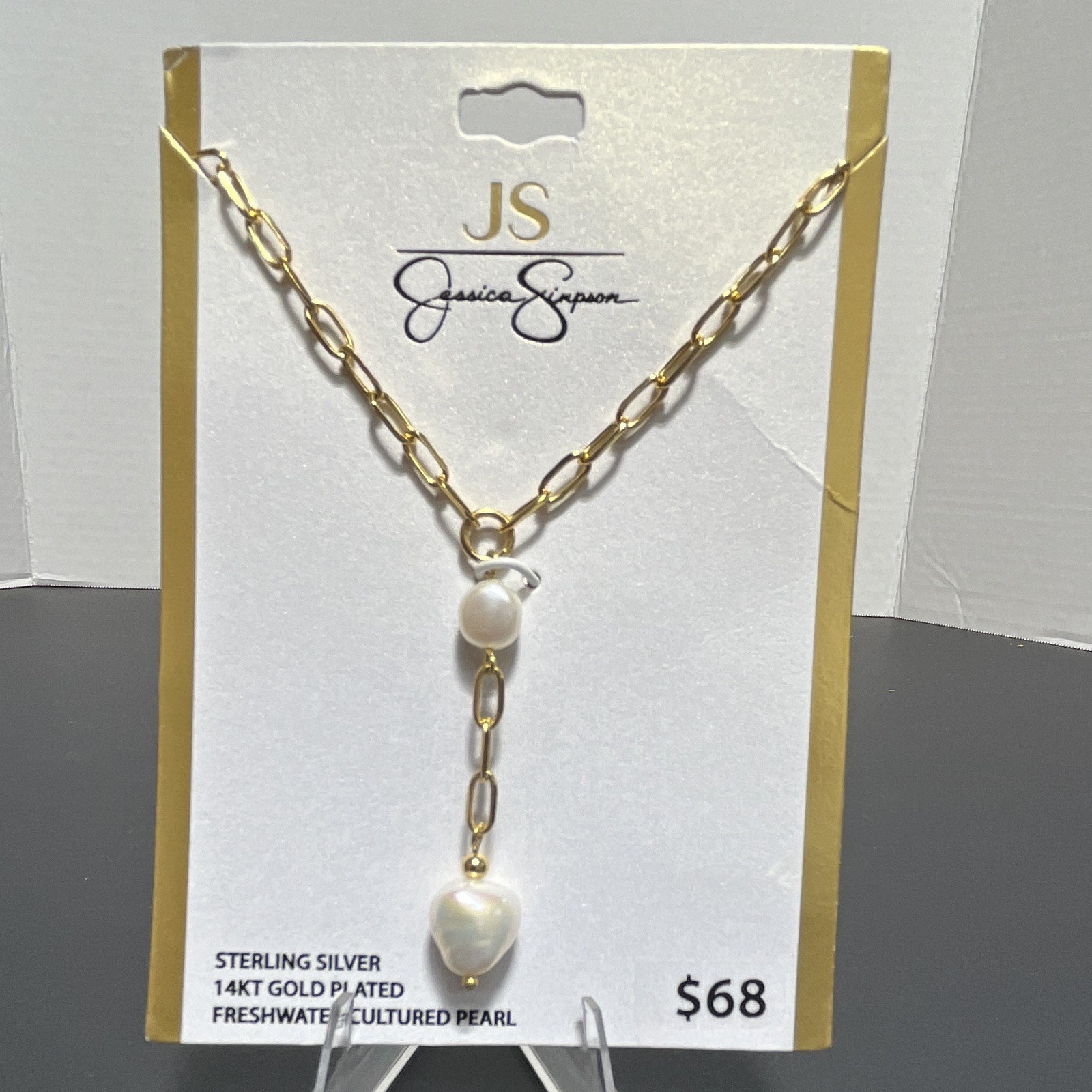 Jessica Simpson ster. 14K Gold Plated 925 Pearl Pendant Link Necklace 17in