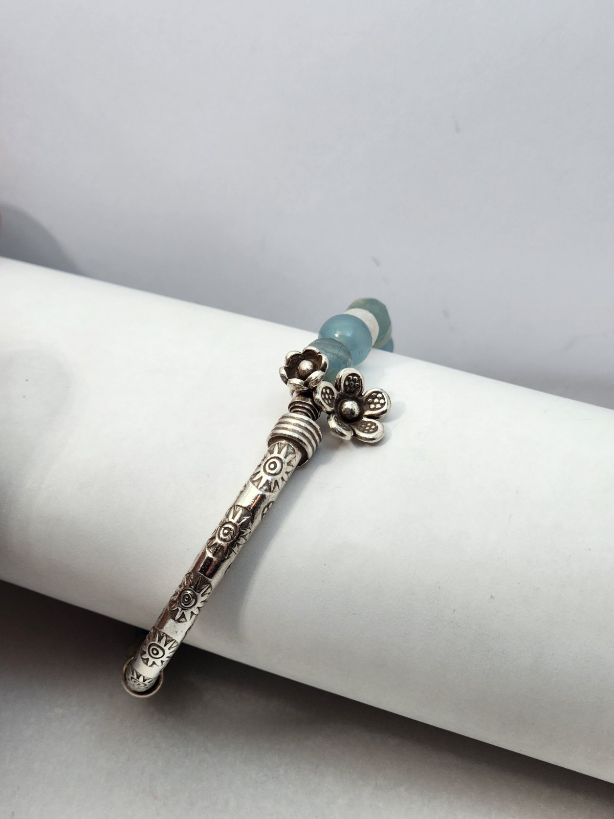 Sterling Silver Bar Stone Bead Bracelet Blue Brown Bangle Stretch Flower Sun 925