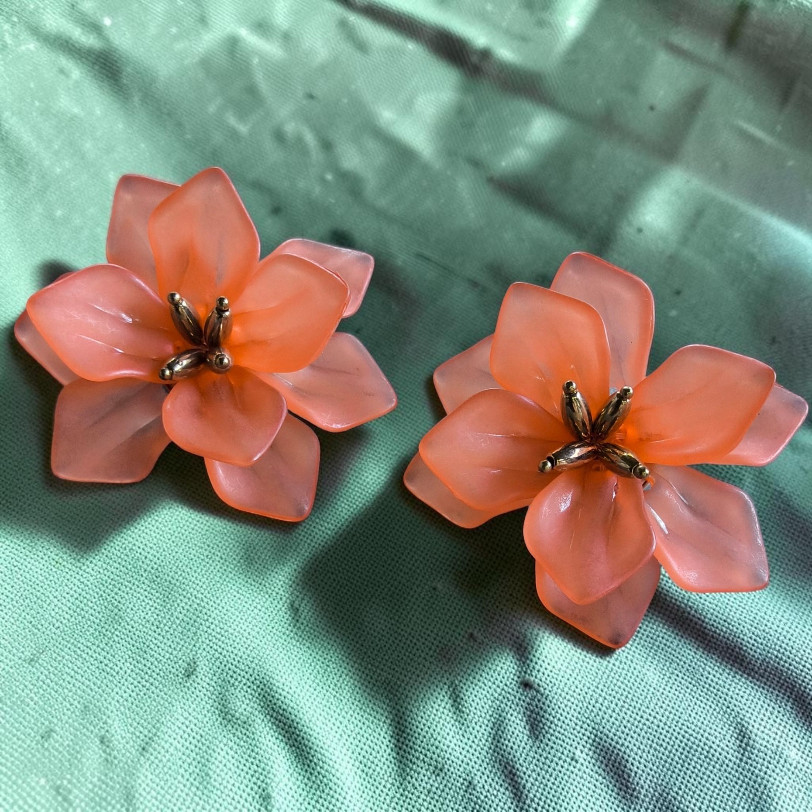 Oversize Canteloupe Color Satin Acrylic Flower Statement Pierced Earrings Floral