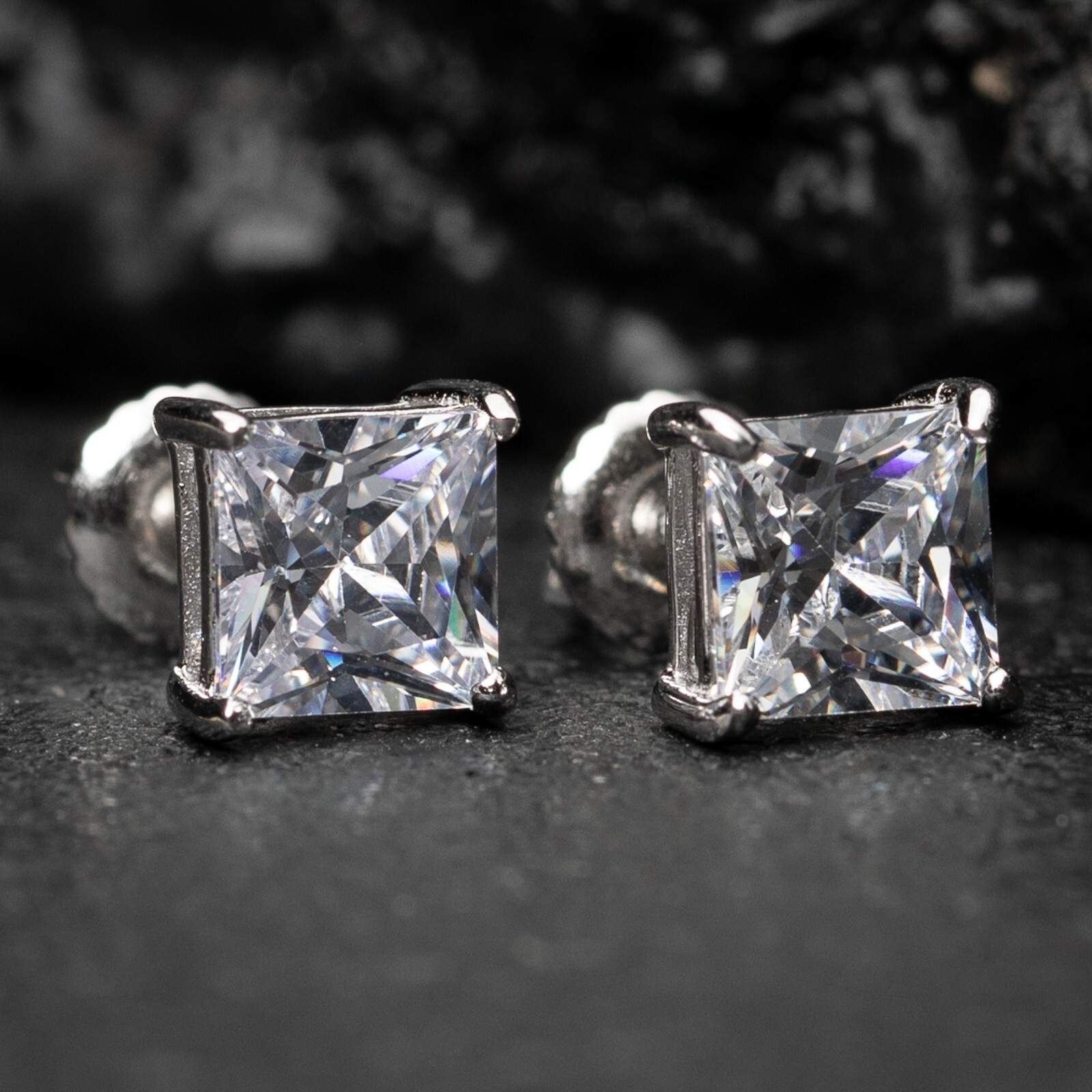 Square Princess Cut Sterling Silver 6mm Unisex Small Screw Back Stud Earrings