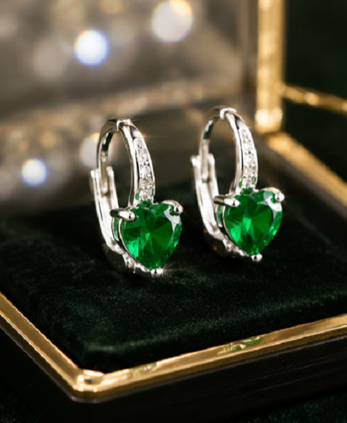7ct Pear Simulated Green Emerald/Diamond Huggie Earrings 14k White Gold Plated
