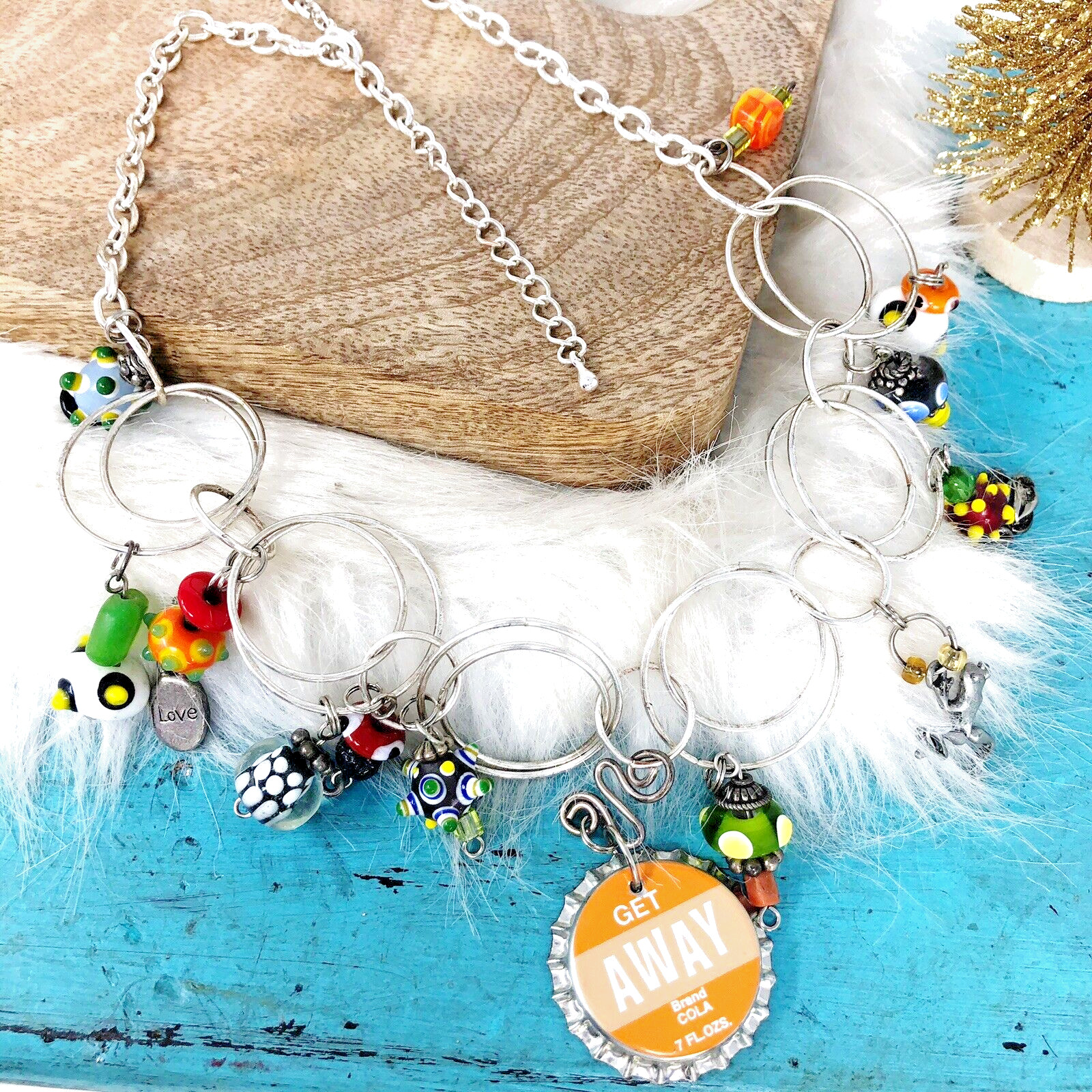 SUMMER FUN Colorful Vacation Silver Layered Whimsy Necklace Sandals Love Beach