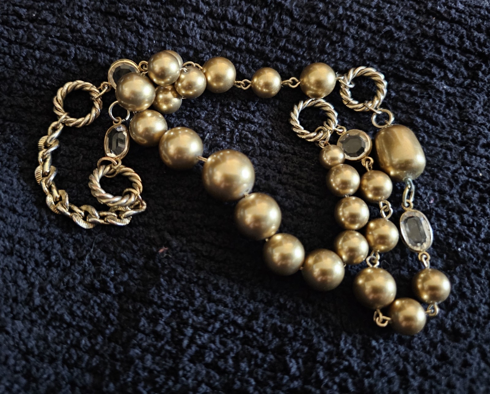Satin Gold Bead Crystal Statement Necklace Continuous Strand No Clasp Chunky 21″